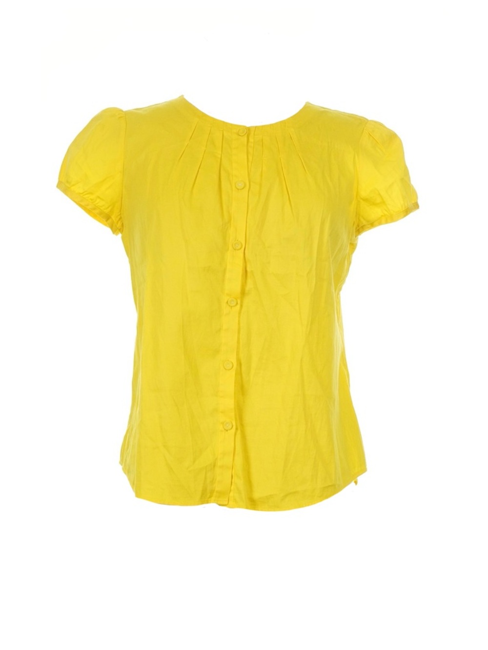 Theory Ancha Yellow Cap Sleeve Button Down Blouse Pleated Neck Cotton Blend
